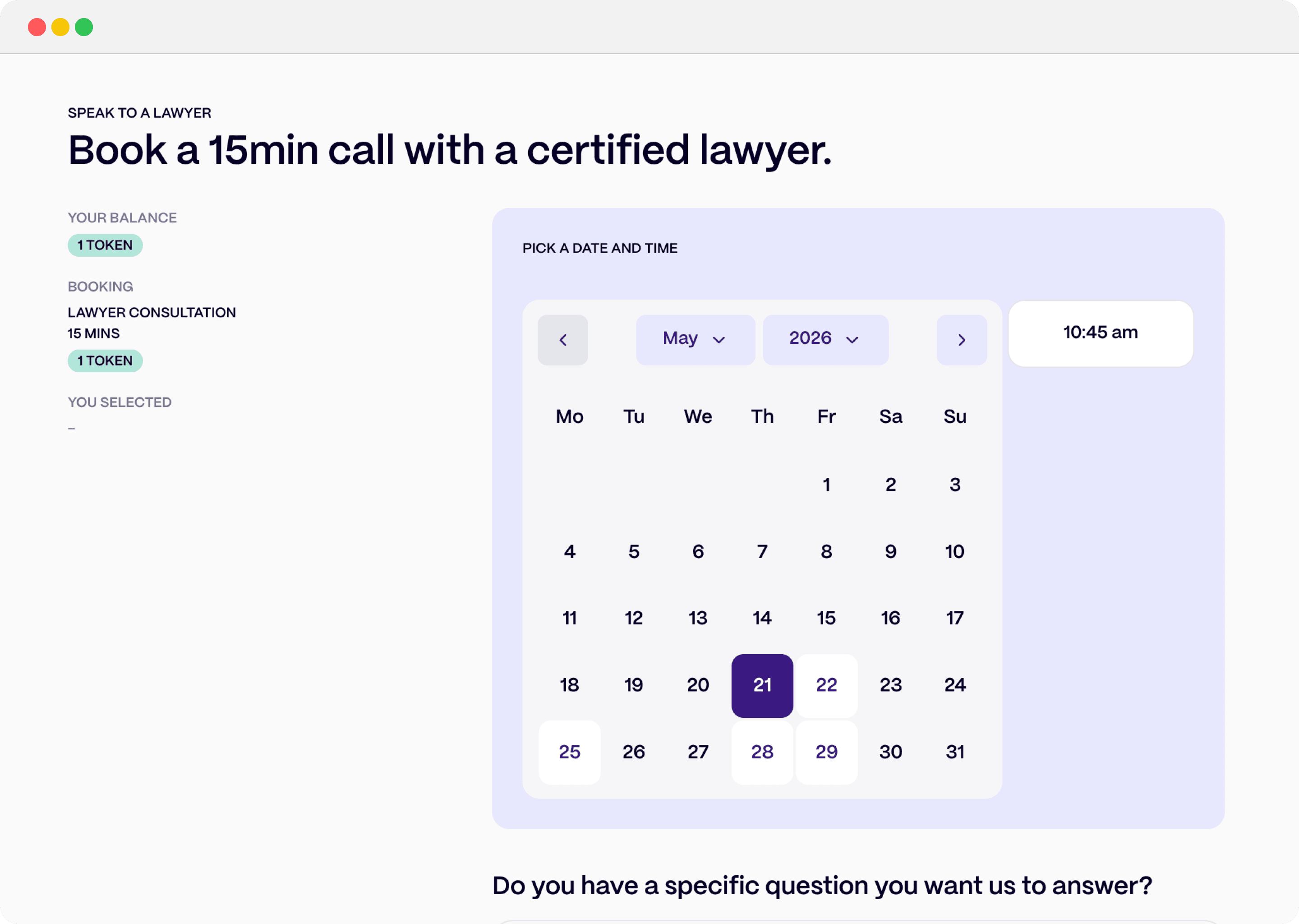 Booking a 15 minute consultation with a certified lawyer inside Lettu.