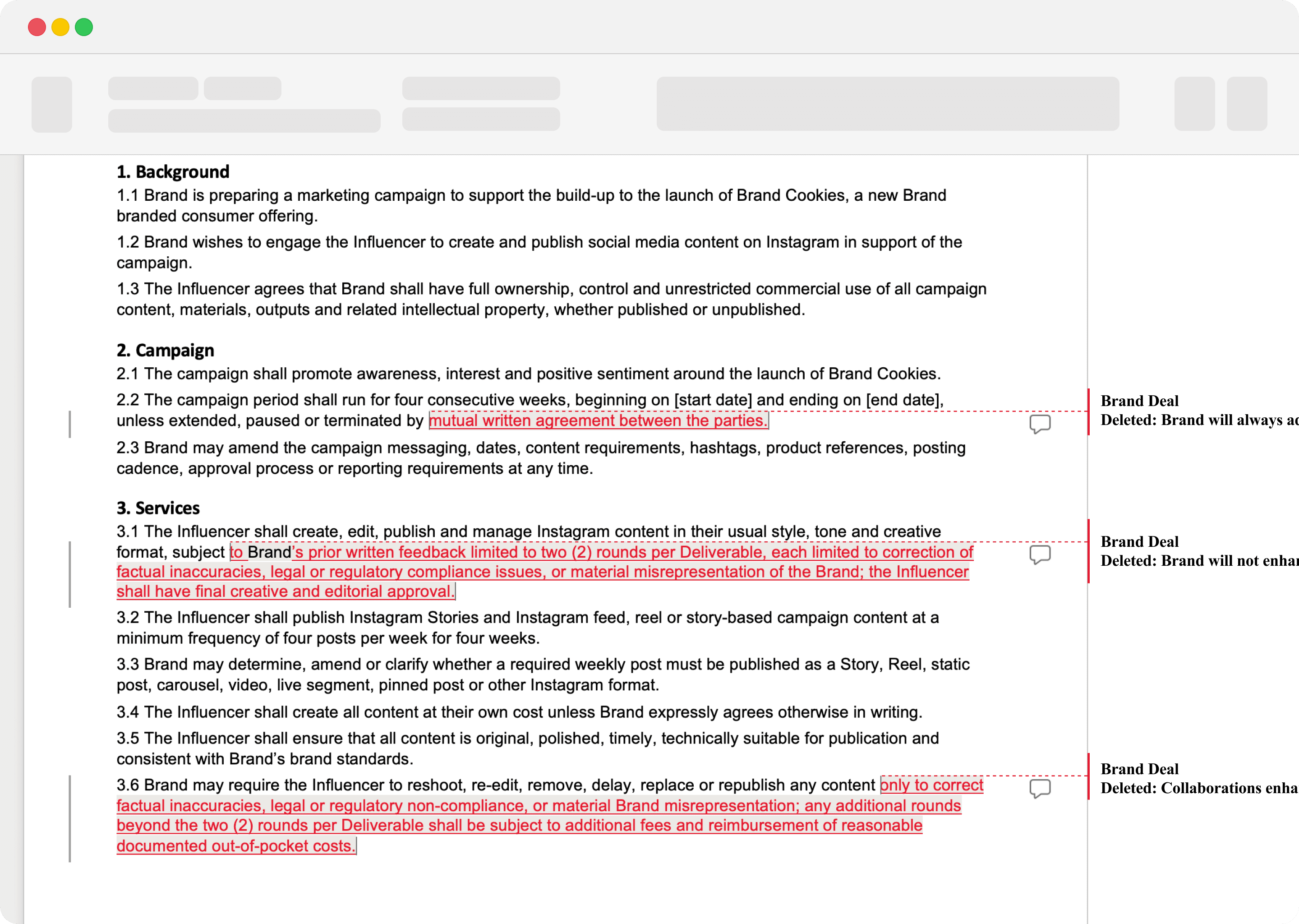 A contract returned with tracked changes — redlined clauses and replacement wording.