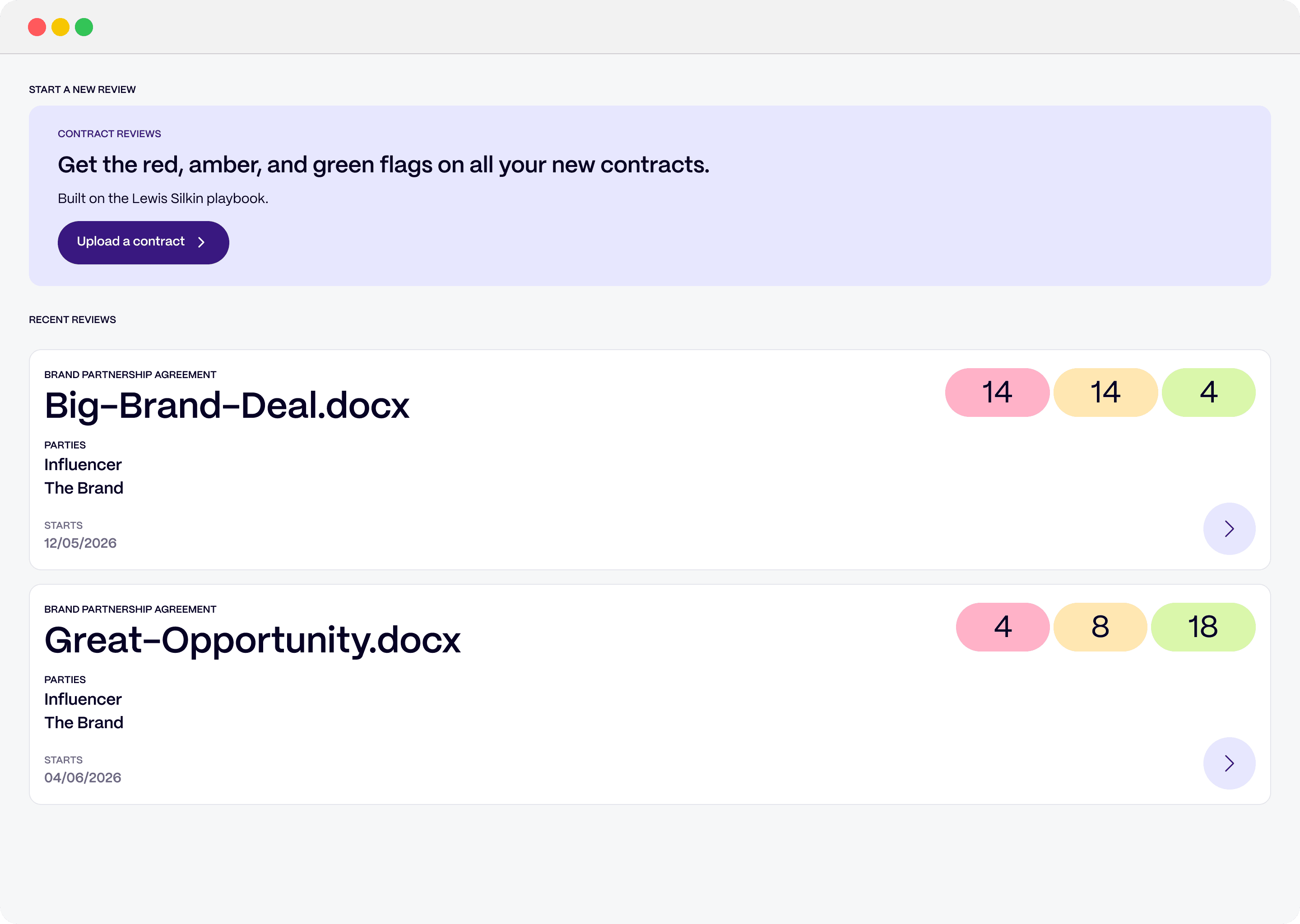 Lettu dashboard showing recent contract reviews flagged red, amber and green.